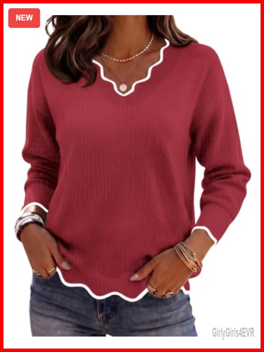 Women's V Neck Long Sleeve Knit Sweater Pullover Lightweight Casual Fall Top
